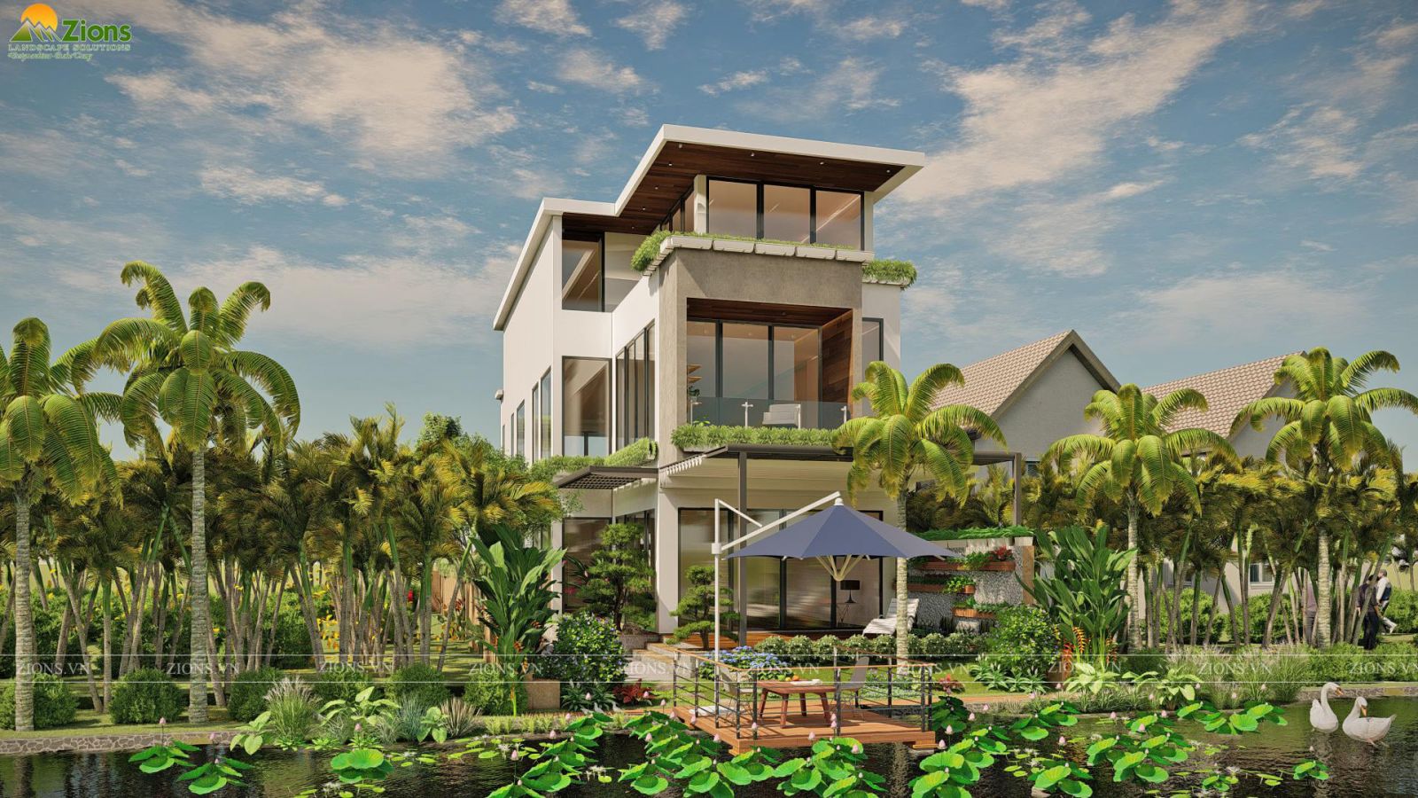 thiết kế sân vườn nhiệt đới tại biệt thự đảo ecopark